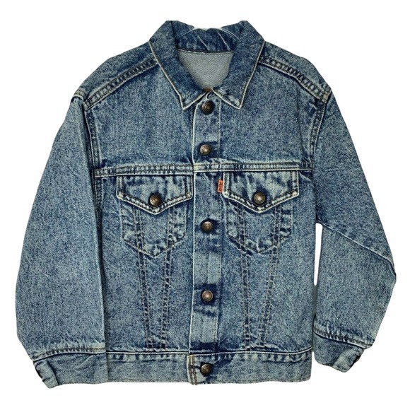 Levis Vintage Levis Kids Denim Trucker Jacket Sz 7 Acid Wash 90s Orange Tab USA - Picture 1 of 8